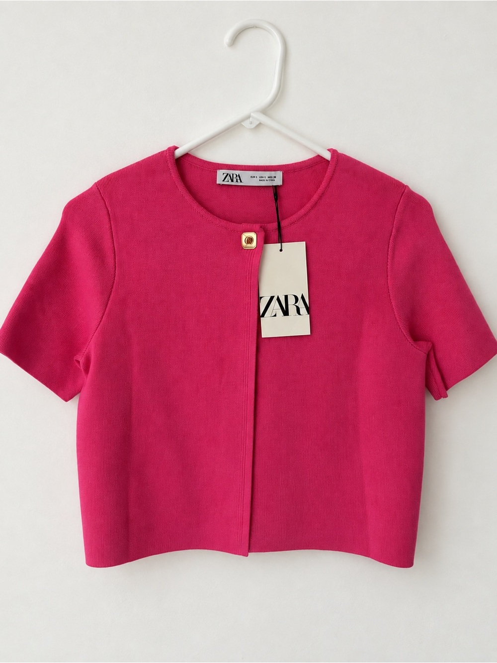 Zara Hot Pink Short Sleeve Boxy Knit Cardigan S NWT